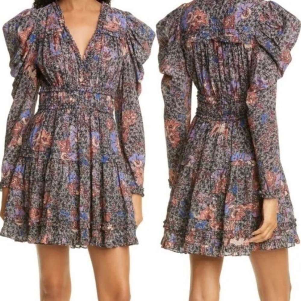 Ulla‎ Johnson Dress Womens 6 Julie Jet Mini Floral Puff Sleeve Tiered Ruffle